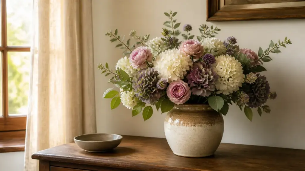 Composição de flores artificiais num vaso de cerâmica sobre móvel de madeira